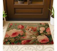 Zerbino vintage con gatto pesco, tappetino di benvenuto floreale per interni ed esterni, tappeto antiscivolo assorbente per ingresso, facile da pulire, 73 x 43 cm