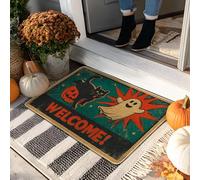 Zerbino vintage di Halloween, tappetino di benvenuto con gatto e fantasma, per interni ed esterni, in gomma, impermeabile, antiscivolo, facile da pulire, 73 x 43 cm