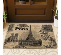 Zerbino vintage Parigi, nero e bianco, motivo floreale, per ingresso esterno e interno, decorazione rustica, in gomma, impermeabile, antiscivolo, assorbe la polvere, facile da pulire, 73 x 43 cm