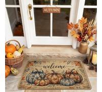 Zerbino, zerbino con scritta "Pumpkins Welcome", stile rustico con foglie di benvenuto, arancione, lavabile, a basso profilo, decorazione per esterni, porta d'ingresso, patio, 73 x 43 cm