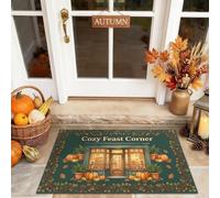 Zerbino, zerbino rustico con scritta "Pumpkins Welcome", per porta e finestra, colore verde autunnale, lavabile, a basso profilo, decorativo, per ingresso, portico esterno, balcone, 73 x 43 cm