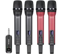 ZERFUN 4 microfoni wireless ricaricabili, sistema di microfoni senza fili con controllo VOL Echo Treble BASS per karaoke, canto, feste in chiesa, uscita 1/4", grigio e rosso