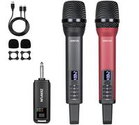 ZERFUN Doppio microfono wireless ricaricabile, sistema di microfoni senza fili portatile con controllo VOL Echo Treble BASS per karaoke, canto, feste in chiesa, uscita 1/4", grigio e rosso