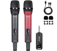 ZERFUN Microfoni wireless ricaricabili doppi, Pro Handheld Cordless Mics System Dynamic con Echo Treble BASS VOL Control per karaoke canto chiesa feste, uscita 1/4", D240, grigio e rosso
