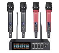 ZERFUN Microfono wireless ricaricabile Pro, 4 microfoni portatili UHF a 50 canali con controllo VOL Echo Treble BASS, display LCD, blocco frequenza, XLR, uscita 1/4, 1/8, D-300, grigio e rosso