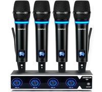 ZERFUN Sistema microfonico wireless ricaricabile a 4 canali Pro, UHF in metallo, microfoni wireless portatili senza fili per cantare karaoke in chiesa, frequenza regolabile 4 x 50, uscita XLR 1/8,