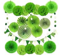ZERODECO, 21 decorazioni per feste verdi, da appendere, con ventagli di carta, pompon floreali, festoni e bandierine a pois, per feste a tema golf, feste di compleanno a tema dinosauri, Arbor day