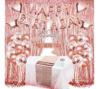 ZERODECO Decorazione di compleanno, oro rosa, ghirlanda con brillantini, tovaglia bianca con nastrino, Tiara glitterata, tenda a forma di cuore, stella, palloncini, decorazioni per bambine