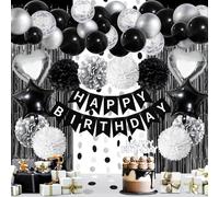 ZERODECO Decorazione per feste di compleanno, bianco e nero, con scritta in lingua inglese "Happy Birthday" con carta velina pom poms fiore palloncino per feste di compleanno