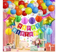 ZERODECO Decorazioni arcobaleno, sfondo multicolore con frange e striscione di buon compleanno, palline a nido d'ape, pompon, palloncini in lamina per bambini e bambini, feste colorate