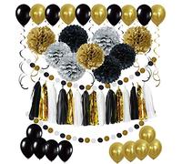 ZERODECO Decorazioni del partito dell'oro nero, pompom di carta con i palloncini della ghirlanda della nappa di carta per le lauree di Capodanno Decorazioni del partito di compleanno