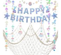ZERODECO Decorazioni di compleanno a forma di sirena - Ghirlanda iridescente, Happy Birthday Banner e rete da pesca per tema pirati, festa nautica