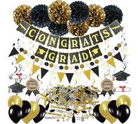 ZERODECO Festa di Laurea Decorazione, Nero e Oro Congrats Grad bandierine Dangling Spiral Decorations Confetti di Laurea e Pompon Fiori Ghirlande Bandierine Triangolare Palloncini in Lattice