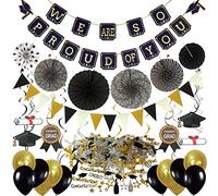 ZERODECO Festa di Laurea Decorazione, Nero e Oro We Are So Proud of You bandierine Dangling Spiral Decorations Confetti di Laurea e Pompon Fiori Ghirlande Bandierine Triangolare Palloncini in Lattice