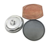 Zerodeko 1set Piastra in Ferro Rotonda con Base in Legno e Coperchio per Barbecue Vassoio Teppanyaki Antiscivolo per Grigliare Bistecche e Cucina Occidentale Adatto per Buffet Indoor