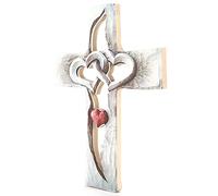 Zerodis Croce in Legno di Motivi Intagliati in 3D, Croce Cristiane a Forma di Cuore Scolpito a Mano Appeso a Parete Decorazione Casa Fede Speranza Forza Pregare Famiglia Amore Fiducia