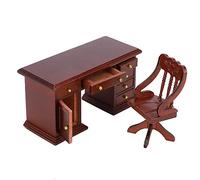 Zerodis Set di sedie da scrivania in legno, 2 pezzi, 1:12, simulazione in miniatura, tavolo da ufficio con cassetti e sedia da ufficio, giocattolo per casa delle bambole, accessori decorativi (legno
