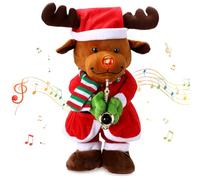 zerotop 13" Decorazione Natalizia Musicale con La Funzione Record, Alce di Natale Giocattoli di Peluche con Musica e Luci Giocattolo di Peluche che Canta Bambola di Pezza per il Regalo dei Bambini