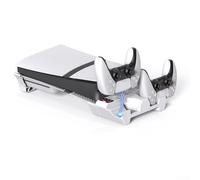 Zeroupshop Doppia stazione di ricarica per console PS5 Pro e Slim, supporto di raffreddamento orizzontale con ventola a 3 velocità, luci di stato a LED, design compatto in ABS bianco per controller