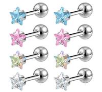 ZeSen Jewelry 4 Paia di Orecchini a Bottone in Acciaio Chirurgico con Zirconi Lucidi Tragus Helix Conch Piercing Set di Cartilagine (Stella, Pietra: 3mm)