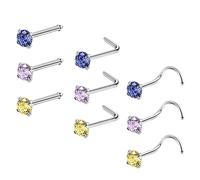 ZeSen Jewelry Set di 9-12 piercing da naso in acciaio inox chirurgico, 20 g, a forma di L, con viti per il naso (A5-ZH347-8), Acciaio inossidabile, zirconia cubica, cubico, pietra