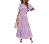 ZESICA Abito Lungo da Donna Estivo Casual Stampa Floreale Manica Corta Flutter Girocollo a Vita Alta con Smocked, Viola, M
