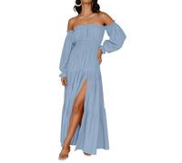 ZESICA Abito Lungo Lungo a più Livelli da Donna 2024 Boho Sexy con Spalle Scoperte a Maniche Lunghe con Punto Smock a Vita Alta con Spacco Laterale, Azzurro Chiaro, M