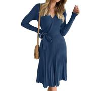ZESICA Abito Maglione da Donna a Maniche Lunghe con Scollo a V a Costine Plissettato Una Linea Pullover con Cintura, Navy, M