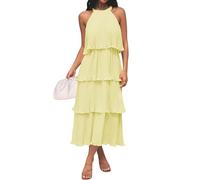 ZESICA Women's 2025 Summer Sleeveless Halter Neck Ruffle Tiered Layed Chiffon Flowy Swing Long Midi Dress,LightYellow,Medium