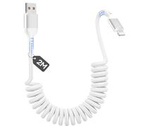 Zestiq Cavo iPhone Spirale USB A a Lightning 2M, Cavo Apple Carplay Retrattile per Auto, Cavo da USB A a Lightning Ricarica Corto per iPhone 14, 13, 12, 11 Pro Max, XR, XS, X, 8 Plus, SE - Bianco