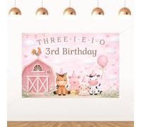 ZestZing 1,5 x 0,9 m Three-I-E-I-O 3° compleanno sfondo animali fattoria decorazioni per feste di compleanno rosa fienile cavallo mucca floreale nuvola farfalla vinile fotografia banner per bambini
