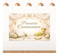 ZestZing Premiere - Fondale per comunione e prima comunione, tema religioso francese, decorazione per bambini, decorazione da parete in vinile oro bianco per feste in chiesa, 1,5 x 0,9 m