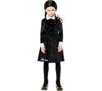 Zeus Party Costume da Mercoledì Addams per Bambina, Vestito Nero con Colletto Bianco e Parrucca, per Carnevale e Halloween, Taglie da 3 a 14 Anni (6-8 Anni)