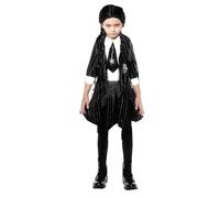 Zeus Party Costume da Mercoledì Addams per Bambine, Ideale per Carnevale e Halloween Uniforme Scolastica con Vestito, Parrucca e Calze, 3-8 Anni (7-8 Anni)