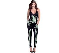 Zeus Party Costume da Scheletro Fluorescente da Donna, Tuta Intera con Stampa Fosforescente, Taglia 38-40, Nero e Verde