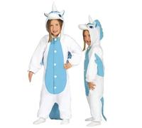 Zeus Party Costume da Unicorno per Bambini, Bianco e Celeste, Tuta con Cappuccio Ali e Coda, Taglia 10-12 Anni