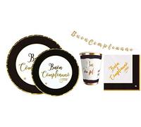Zeus Party Kit Coordinato per Feste Buon Compleanno Oro e Nero (Piatti Grandi Piatti Piccoli, Bicchieri, tovaglioli ed Un Festone già Composto) (per 40 Persone)
