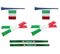 Zeus Party Kit Tifoso Italia Europei di Calcio - 2 Trombe da Stadio a Fiato con Bandierine Italia Incorporate 4 Tubi Gonfiabili Tricolore 2 Fasce Sintetiche per Testa e Capelli