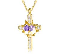 Zeuslia Collana con corona a croce placcata in oro 14 carati, per donne, con ciondolo a forma di croce e corona, doppia pietra portafortuna, per anniversario, matrimonio, regalo di compleanno per
