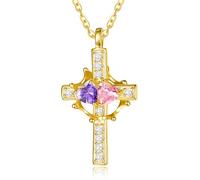 Zeuslia Collana con corona a croce placcata in oro 14 carati, per donne, con ciondolo a forma di croce e corona, doppia pietra portafortuna, per anniversario, matrimonio, regalo di compleanno per