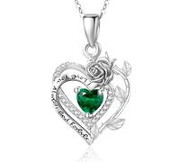 Zeuslia Collana in argento 925 maggio pietra portafortuna smeraldo ciondolo fiore cuore gioielli regalo per donne donne, Argento sterling, Smeraldo
