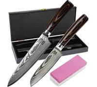ZEUß Set di 2 coltelli damascati (32 cm e 24 cm) in vero acciaio damascato a 67 strati, con coltello da chef, coltello Santoku, manico in legno Pakka e pietra per affilare