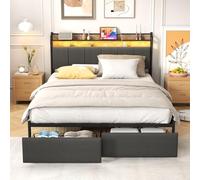 Zevemomo Struttura letto a LED con stazione di ricarica, letto a piattaforma full size con luci LED RGB, testiera portaoggetti a 2 livelli, barra rotonda in metallo resistente, senza bisogno di molle,