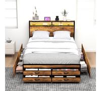 Zevemomo Struttura letto completa con 8 cassetti, struttura letto in metallo con luce LED e stazione di ricarica, doghe in metallo resistente, senza bisogno di molle, marrone rustico
