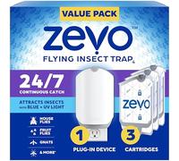Zevo Trappola per insetti volanti per interni: trappola leggera cattura mosche della frutta, moscerini e moscerini, starter kit + ricariche (1 base plug-in + 3 cartucce)