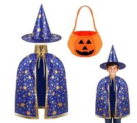ZexJpr Costume di Halloween per bambini, costume da mago, set da 3 pezzi con cappello, 80-140 cm, mantello e borsa zucca, costume da strega blu, ideale per carnevale e giochi di ruolo, per ragazze