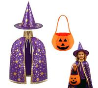 ZexJpr Costume di Halloween per bambini, costume da strega con cappello da strega e mantello magico, taglia 80-140 cm, set da 3 pezzi, per feste di Halloween e giochi di ruolo, colore viola, regalo