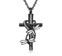 ZEZILE Collana con urna a croce per cenere Gioielli per cremazione libellule, pendente in cenere in acciaio inossidabile, gioielli commemorativi per donne uomini