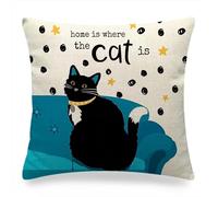 ZFENGYYUAN Federa per cuscino con gatto nero con scritta "Home is where the cat is", per divano, divano, casa, camera da letto, divano esterno, panca da giardino, divano, letto, 45 x 45 cm