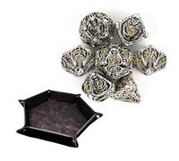 ZFFOZZ Dadi in Metallo con Teschio in Argento e Oro, 7 Pezzi, Poliedro Cavo, Compatibili con Giochi di Ruolo da Tavolo e Giochi di Carte